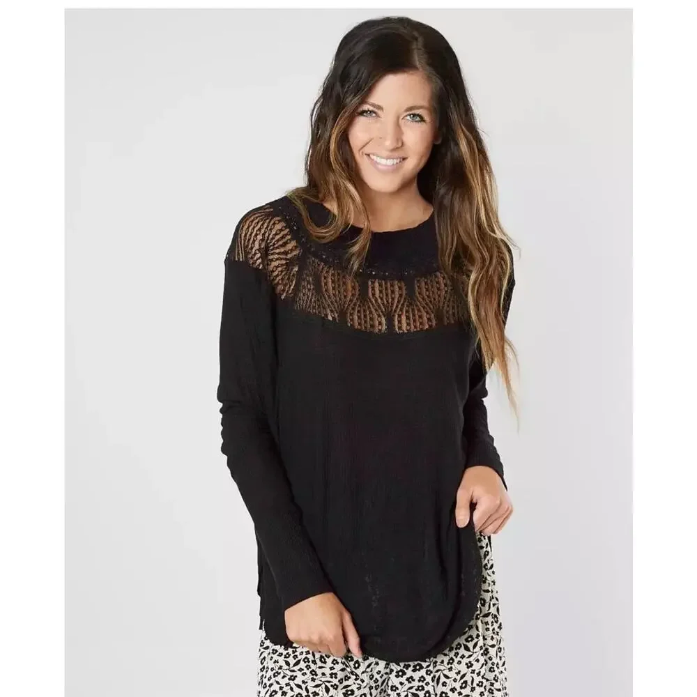 Free People Black Spring Valley Long Sleeve Top